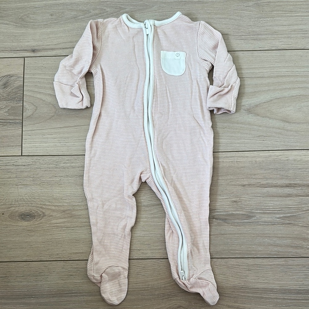 #2 Mori Pink and White Footies One Piece with Full-Body Coverage